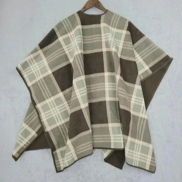 Woolrich Reversible Plaid Poncho Cape One Size Polyester Brown/Green  7CT - Picture 2 of 6